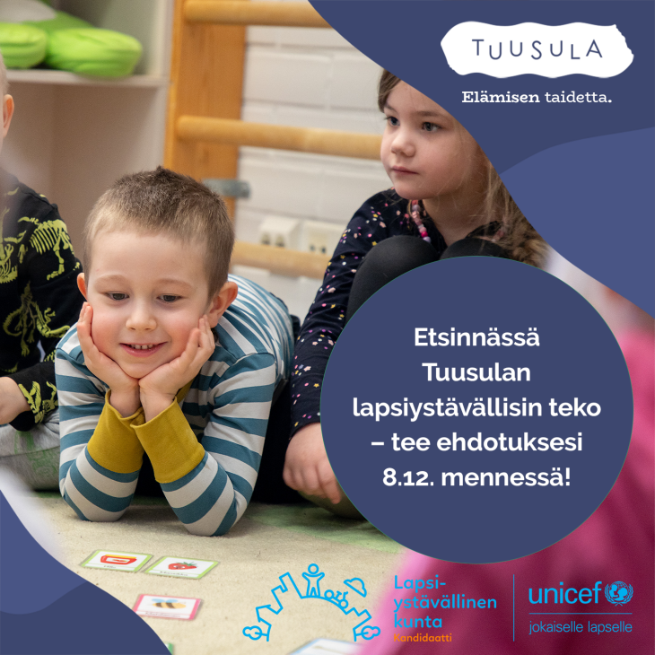 Etsinnässä Tuusulan lapsiystävällisin teko – tee ehdotuksesi 8.12.2024 mennessä!