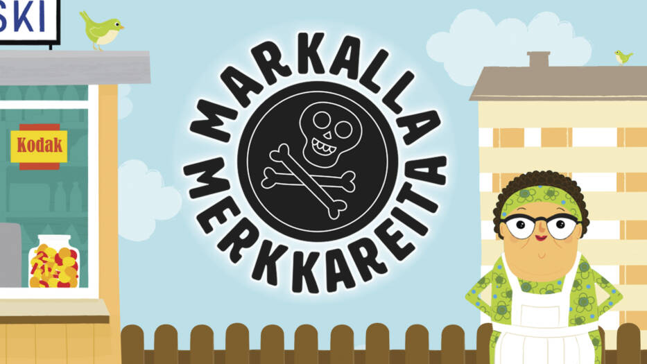 Piirretyssä kuvassa pyöreä Markalla merkkareita logo, jossa keskellä 1970-luvulla suosittu karkki, Merirosvoraha.