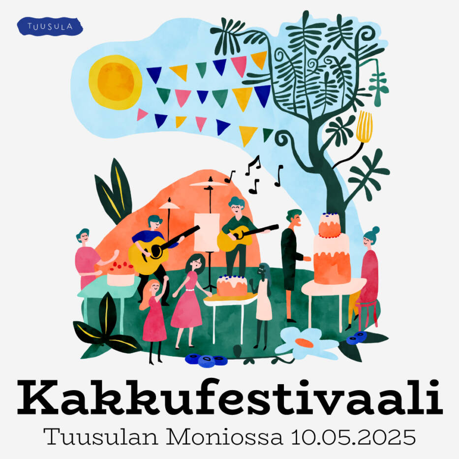 Kuvituskuva Kakkufestivaali-tapahtumasta ja tekstissä sanotaan Kakkufestivaali Tuusulan Moniossa 10.05.2025.