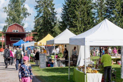 Ihmisiä Tuusulan sadonkorjuumarkkinoilla katselemassa myytäviä tuotteita