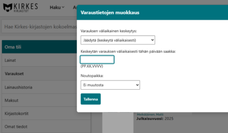Kirkes.finna.fi-sivusto, joka on auki Varaustietojen muokkaus-välilehdeltä.