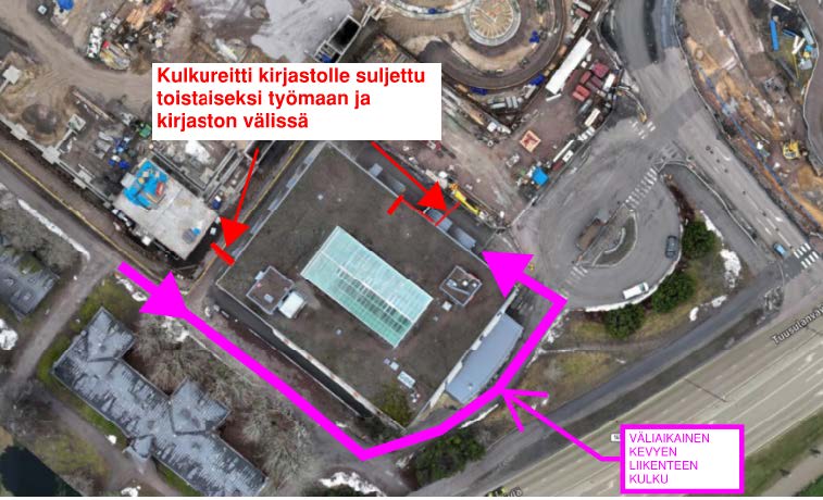 Kulkureitti kirjastoon on esitetty kuvassa.