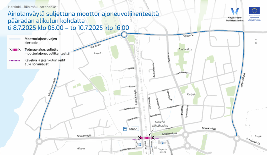 Kartta, johon on merkitty moottoriajoneuvoliikenteen kiertotie sulun aikana