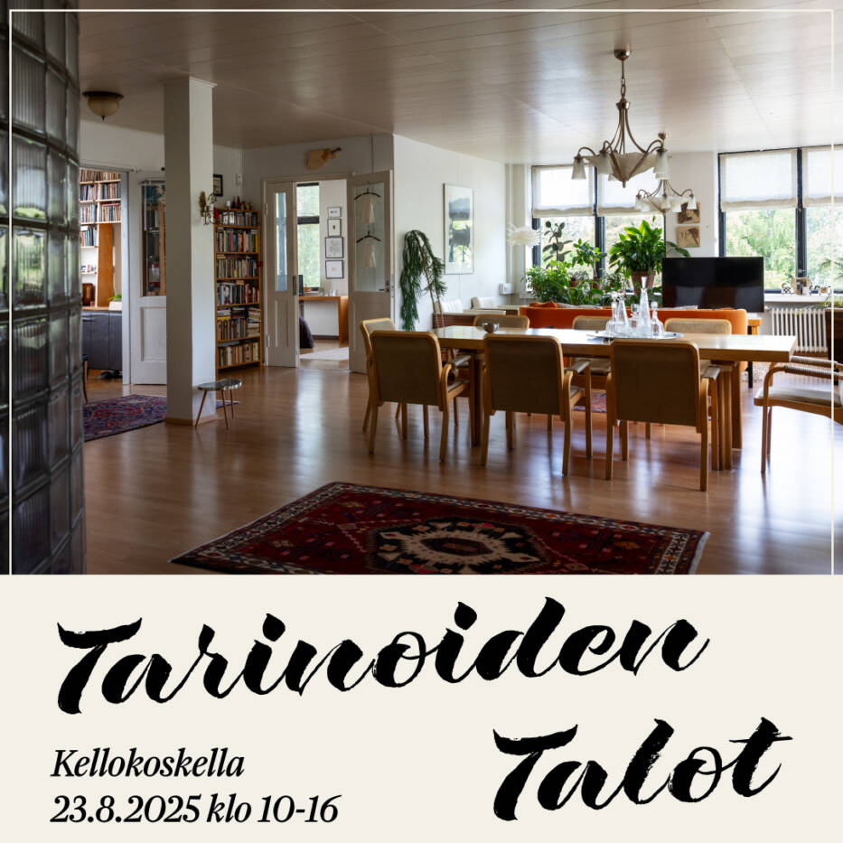Vuoden 2025 Tarinoiden Talot -tapahtuman Designkoti-kohteen oleskelutilaa ja tekstissä sanotaan Tarinoiden Talot Kellokoskella 23.8.2025 klo 10-16.