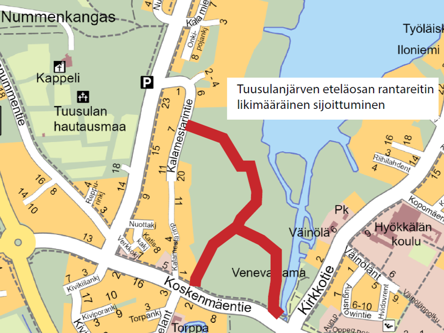 Tuusulanjärven eteläosan rantareitti on esitetty kartalla. Reitti muodostuu kahdesta osasta: reitin eteläosa lähtee Koskenmäentieltä Tuusulanjoen suistosta ja kulkee kaarimaisesti Tuusulanjärven eteläosan ranta-alueella palatakseen takaisin Koskenmäentielle, reitin pohjoisosa erkanee tämän reitin varrelta kohti pohjoista ja kulkee Kalamestarintielle.