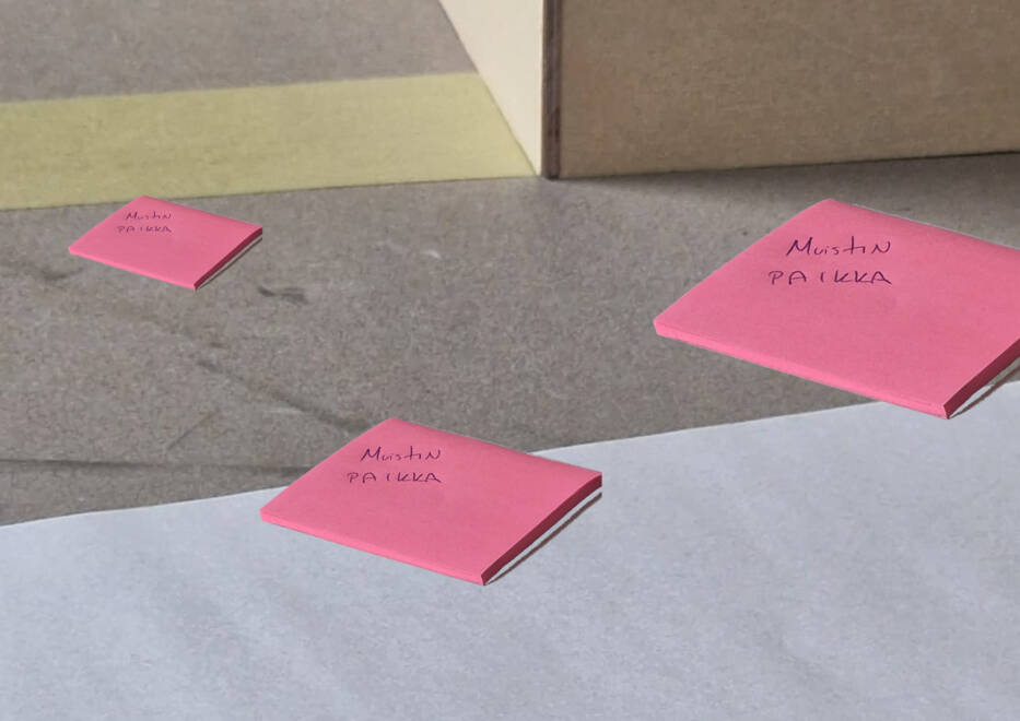 Kolme vaaleanpunaista post-it -lappua, jossa lukee Muistin paikka.
