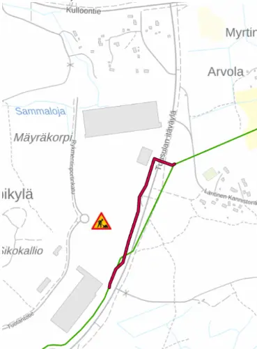 Karttakuvaa liittyen maakaasuputken siirtourakkaan Rykmentinpuiston alueella.