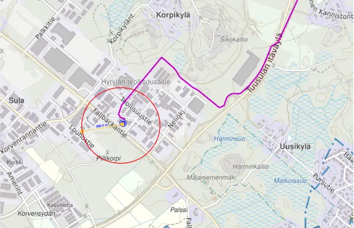 Karttakuvaa liittyen maakaasuputken siirtourakkaan Rykmentinpuiston alueella.