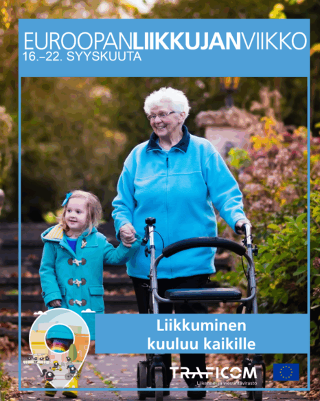 Lapsi ja ikäihminen kävelyllä. Ikäihminen liikkuu rollaattorilla ja lapsi pitää häntä kädestä.