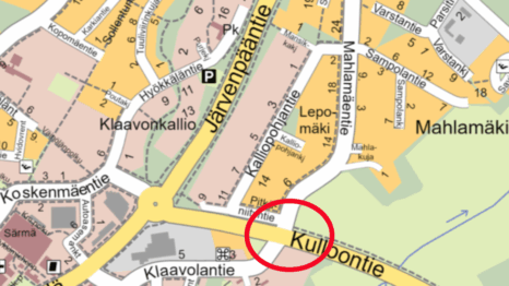 Karttakuva Kulloontien ja Mahlamäentien risteyksestä