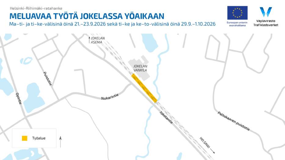 Väyläviraston julkaisemaan karttakuvaan on merkitty työalue, jolla tehdään melua aiheuttavaa työtä Jokelassa.